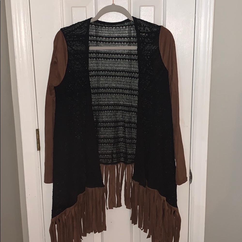 Black with brown velvet fringe cardigan.